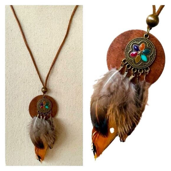 Nomad Feather Pendant Necklace in Wood, Metal & Bronze Tones - Picture 1 of 12